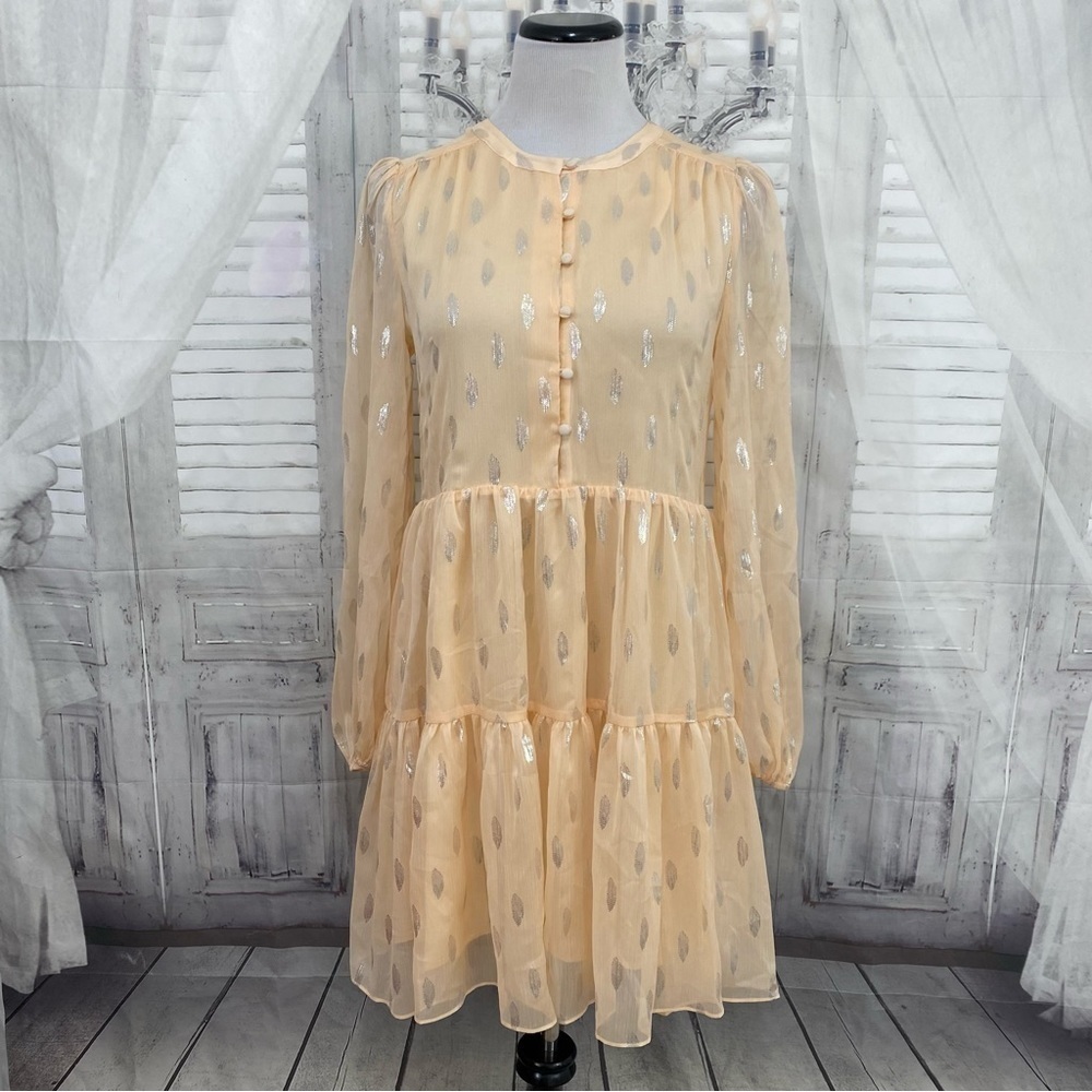 A Loves A Size Small Peach Silver Half Button Babydoll Mini Dress Long Sleeve - Picture 4 of 16